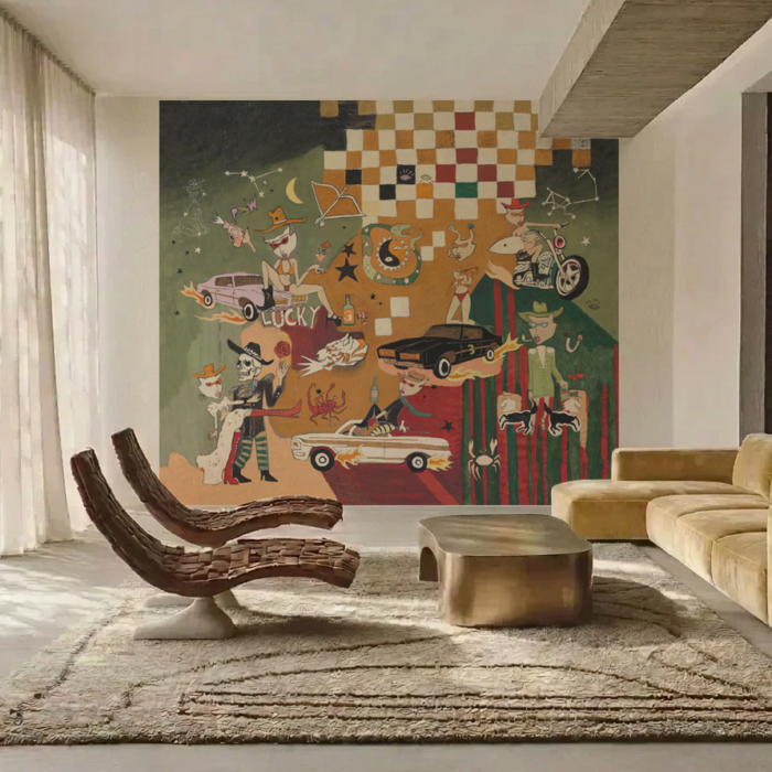 MLAK Western-inspired wallpaper mural in luxury living room interior